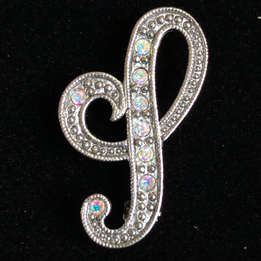 Crystal rhinestone silver tone letter brooch pin